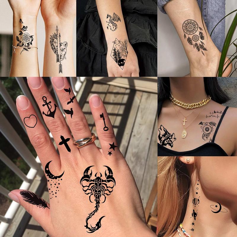 52pcs Creative Black Small Crown Infinity Triangle Fake Tattoos Men and Women Realistic Star Letter Tattoo Temporary Waterproof Arm Hand Face Finger Neck Tattoo Stickers Flower  Halloween