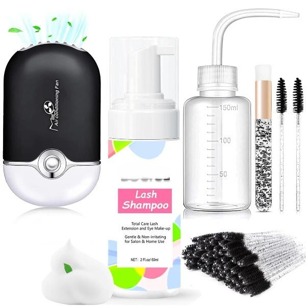 Lash Shampoo for Lash Extensions - Eyelash Cleaning Kit with Lash Fan Dryer - Makeup Cleansing Foam for Lash Care, Black