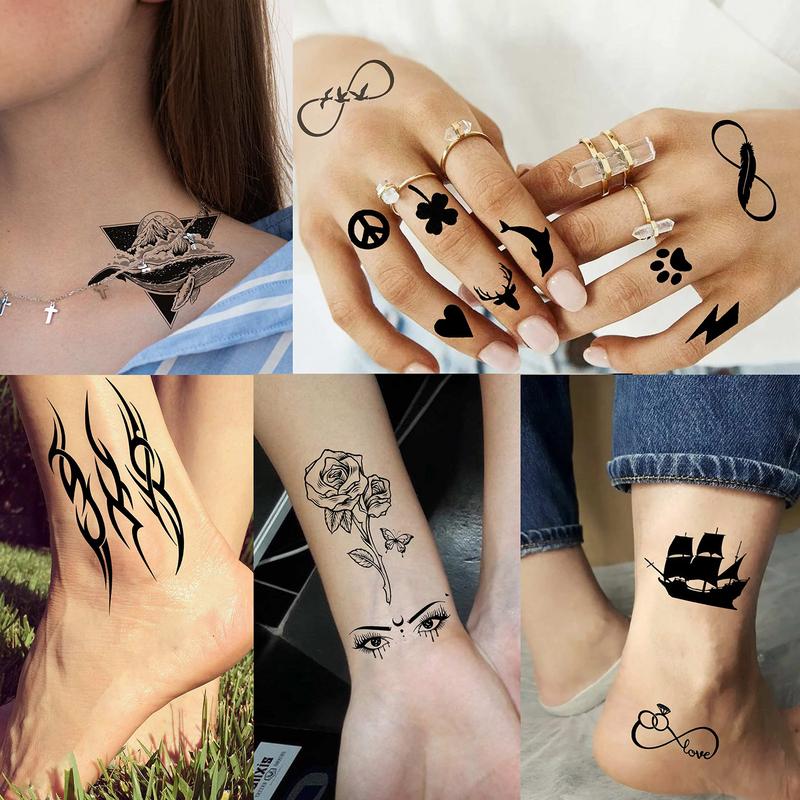 52pcs Creative Black Small Crown Infinity Triangle Fake Tattoos Men and Women Realistic Star Letter Tattoo Temporary Waterproof Arm Hand Face Finger Neck Tattoo Stickers Flower  Halloween