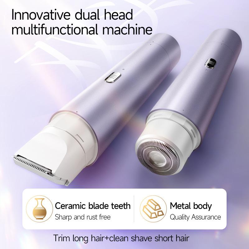 Trimmer for Women, Electric Shaver and Razor Rechargeable 2-in-1 Body and Facial Epilator, Dual Heads for Painless Trimming of Pubic Hair, Face, Underarms and Legs, IPX7 Waterproof. Christmas Gift New Year Gift