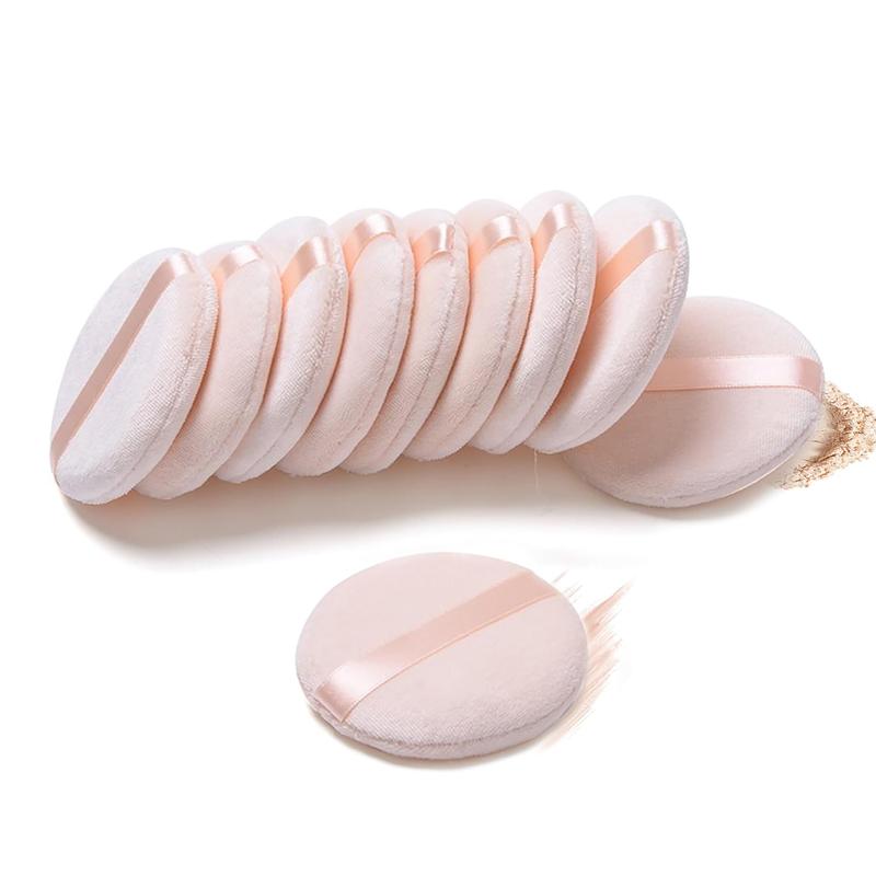 10 Pieces Pure Cotton Powder Puff with Strap, Normal Size 3.15-inch for Loose Powder, Body Powder, Wet Dry Makeup Tool  Cosmetic