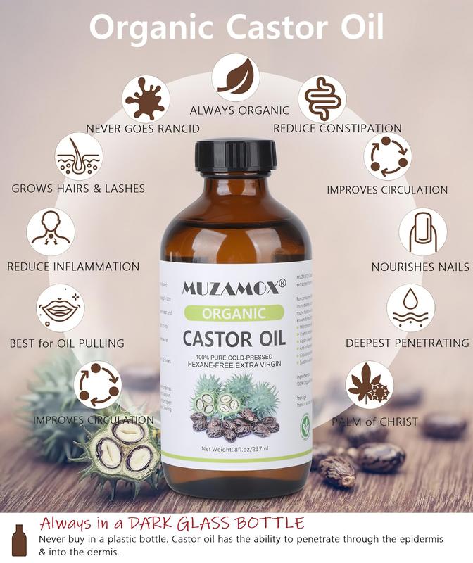 Castor Oil Glass Bottle 8 Liquid Ounces,Raw Oil Bags Are Organic Cotton, Used For Liver , Detoxification Of Body Care Cosmetics Cosmetic Comfort