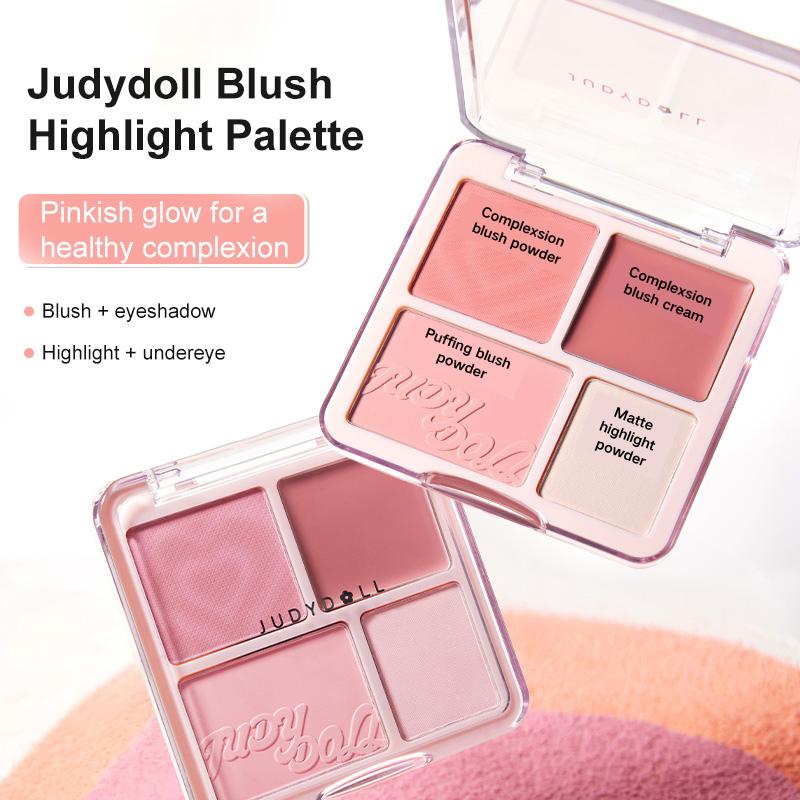 Judydoll 2 in 1 Blush Highlight Palette - Powder & Cream, Sweet Natural Brightening Skin Tone, Highlight, Smooth, Soft Color Light Pink Blush For Girls, Cute and Lightweight, Convenient to Carry, Long-lasting All-Day Face Enhancing Makeup Color