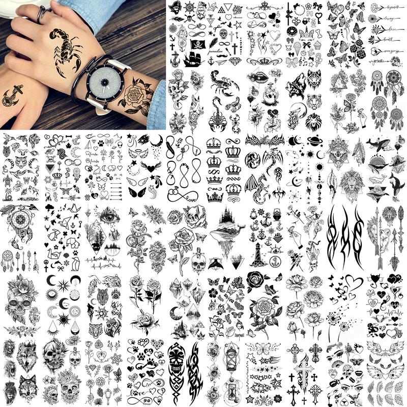 52pcs Creative Black Small Crown Infinity Triangle Fake Tattoos Men and Women Realistic Star Letter Tattoo Temporary Waterproof Arm Hand Face Finger Neck Tattoo Stickers Flower  Halloween