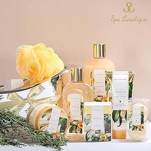 Bath and Body Care Spa Gift Baskets for Women Gift, 8 Pcs Vanilla Bath Sets, Bubble Bath Set, Vanilla Spa Kit