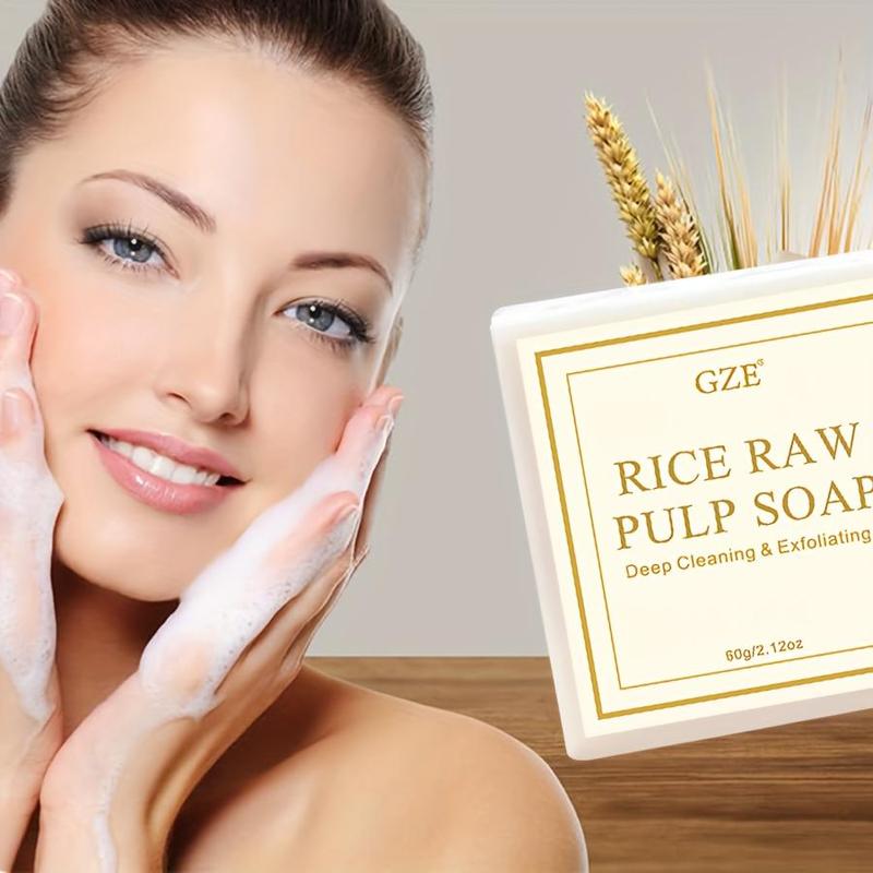 60g Rice Raw Pulp Soap, Deep Cleaning Rice Soap, Rice Pulp Essential Oil Soap, Face Wash Body Wash Bar Soap for Women & Men