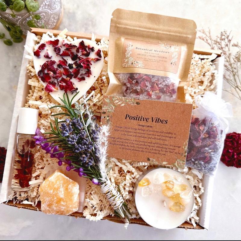 Positive Vibes Floral Crystal Gift Box, Mental Health Self-Care Package, Organic Love and Support Basket, Stress Relief Body Care