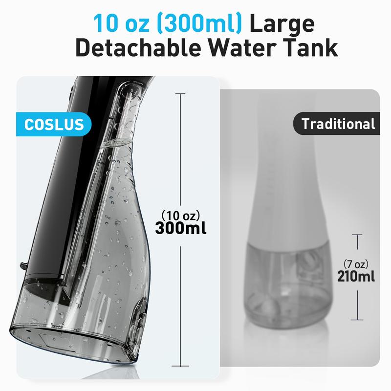 COSLUS Water Dental Flosser:   5 replaceable nozzles, 300ML Tank, 3 Modes, 30-Day Battery, IPX7 Waterproof, Dual-Thread Stream，1400-1800 PPM, Gift