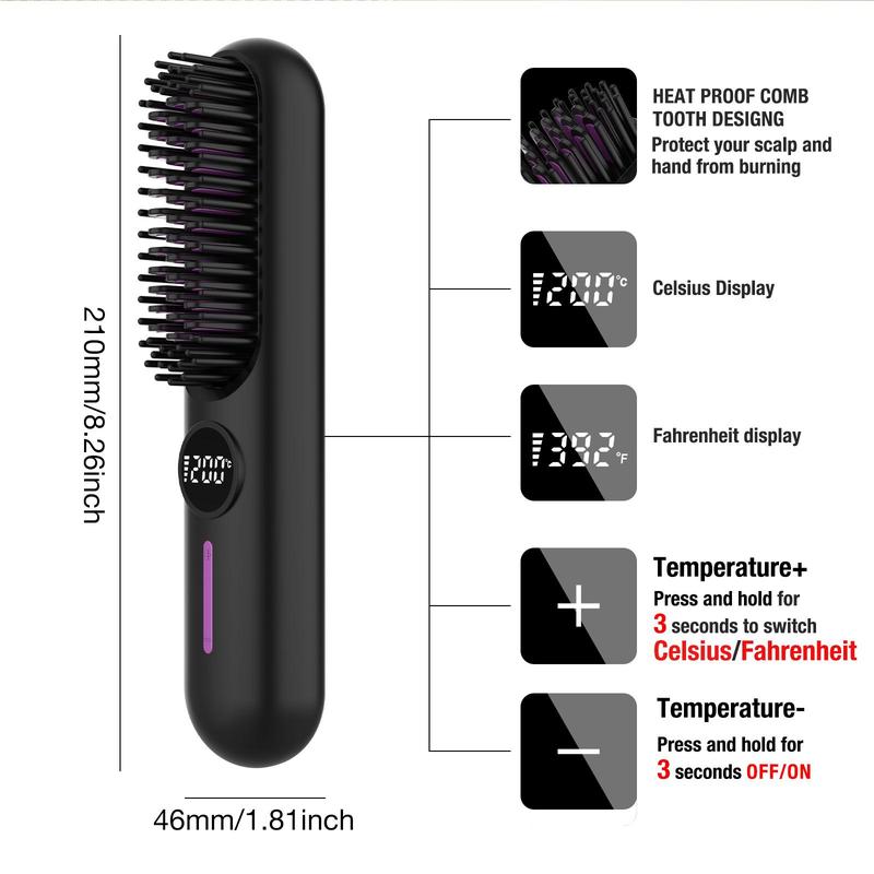 Portable Cordless Hair Straightener Brush, 2 in 1 Curling & Straightening Hair Iron, USB Rechargeable Hair Iron for Home Office School Or Travel