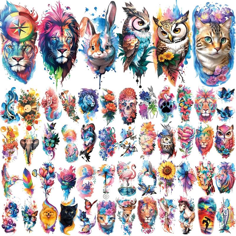 77 Sheets Temporary , 17 Sheets Half Arm Flower Lion Tiger  Owl Parrot  Tattoos for Adults  , 60 Sheets   Temporary Tattoos Realistic for Women Girls and