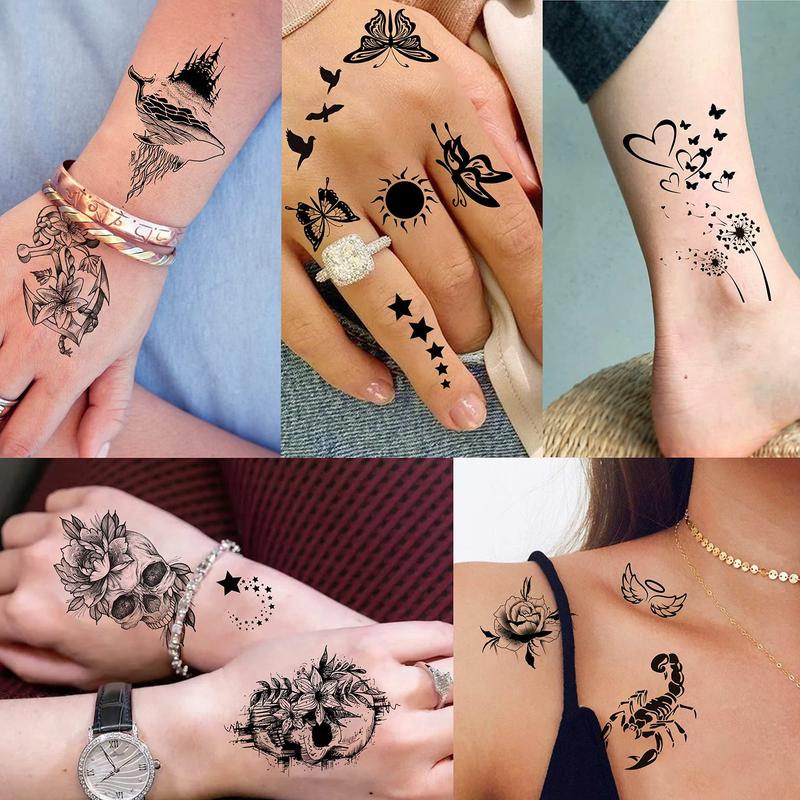 52pcs Creative Black Small Crown Infinity Triangle Fake Tattoos Men and Women Realistic Star Letter Tattoo Temporary Waterproof Arm Hand Face Finger Neck Tattoo Stickers Flower  Halloween