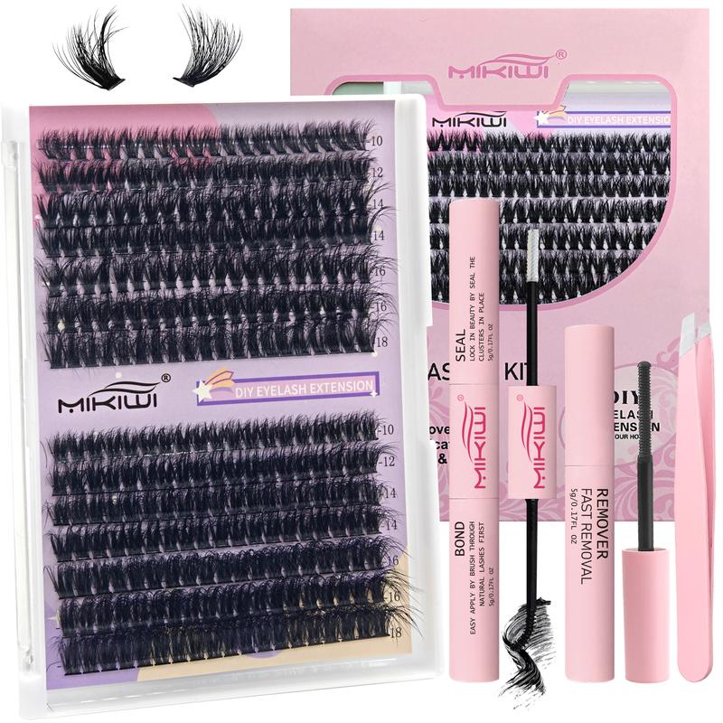 Fluffy Lashes Clusters Extension Kit 60D+80D Volume Clusters 273pcs 10-18mm Cluster Lashes with Bond&Seal,Glue Remover and Lash Tweezers DIY Eyelash Extension Kit at Home