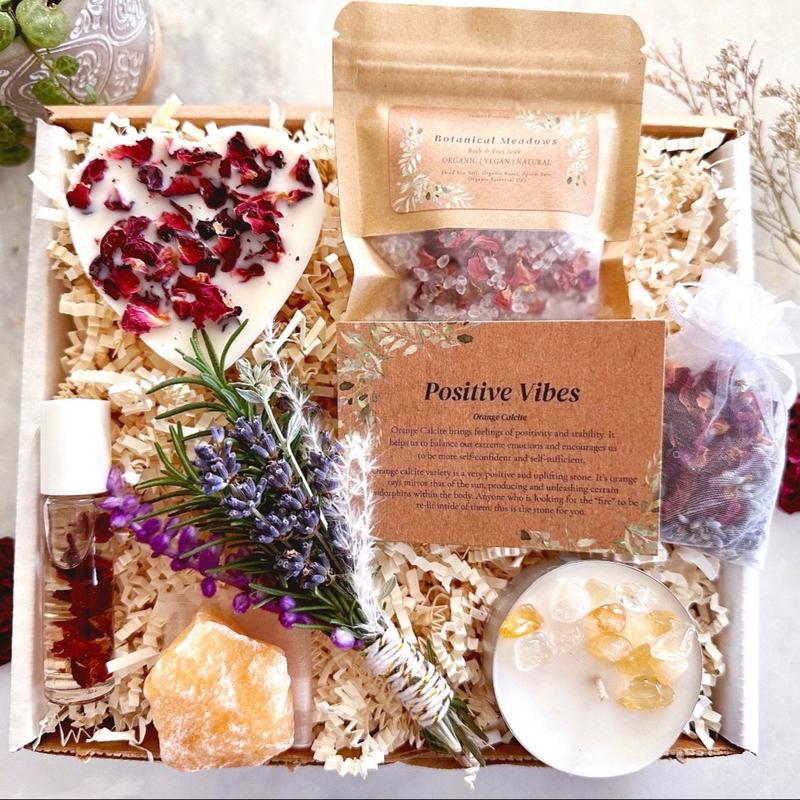 Positive Vibes Floral Crystal Gift Box, Mental Health Self-Care Package, Organic Love and Support Basket, Stress Relief Body Care