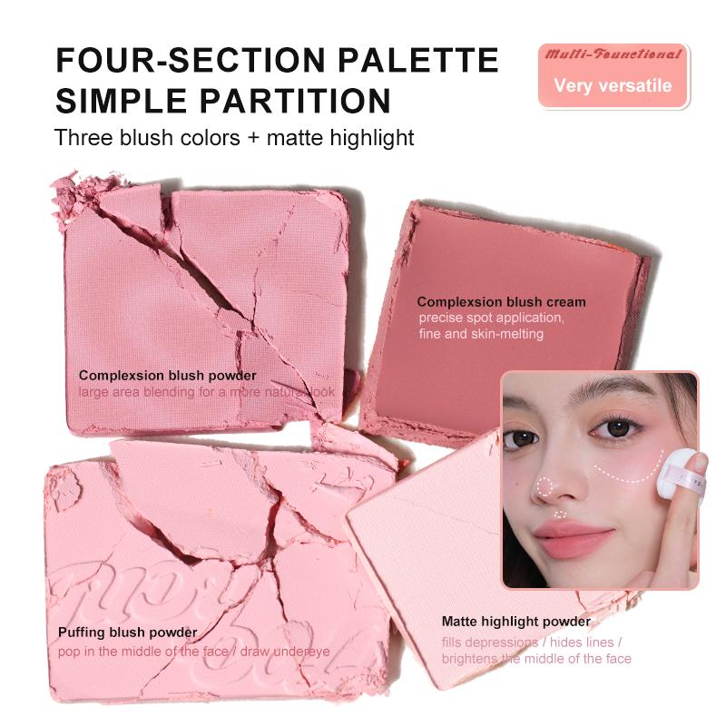 Judydoll 2 in 1 Blush Highlight Palette - Powder & Cream, Sweet Natural Brightening Skin Tone, Highlight, Smooth, Soft Color Light Pink Blush For Girls, Cute and Lightweight, Convenient to Carry, Long-lasting All-Day Face Enhancing Makeup Color