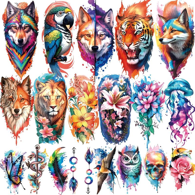 77 Sheets Temporary , 17 Sheets Half Arm Flower Lion Tiger  Owl Parrot  Tattoos for Adults  , 60 Sheets   Temporary Tattoos Realistic for Women Girls and