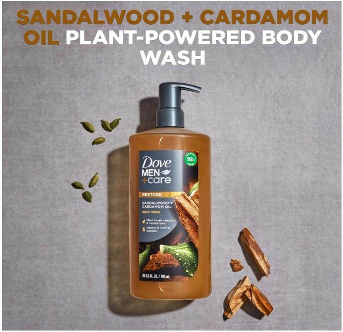 Dove Men+Care Body Wash Sandalwood + Cardamom Oil to Rebuild Skin in the Shower with Plant-Based Cleansers and Moisturizers 26 oz