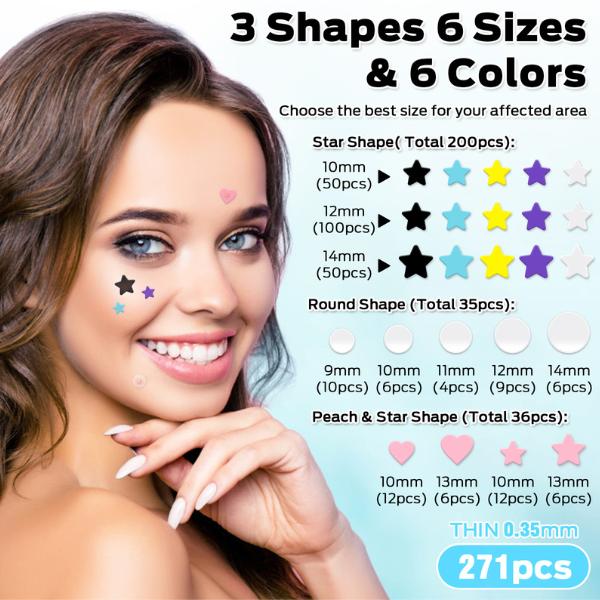 VOZRO Pimple Patches, Colorful Hydrocolloid Acne Patches for Face, Cute Star Pimple Patches with Salicylic Acid, Tea Tree & Centella Oil (Round,Star,Peach Shapes| 6 Sizes| 271 Count) Skincare Clear Zit Skin Repair Gentle Pack Peel Redness Sensitive Sheet