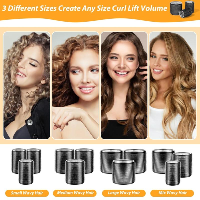 39 count Self Grip Curlers 3 Sizes - Black 2.5in, 1.9in, 1.4in Rollers with Duckbill Clips for Long, Medium, Short, Thick, Fine Hair Volume and Bangs