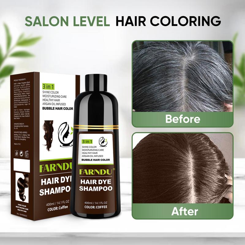 FARNDU-Hair Color Shampoo, Hair dye, Various Colors Available, 10 Mins Hair Color, Fruity aroma, 3-In-1 Gray Hair Coverage–Plant extracts-Long Lasting–Ammonia-Free Haircare Oil ,Argan Oil Scent Bowl (400 mL), Coffee, Great Gift Choice