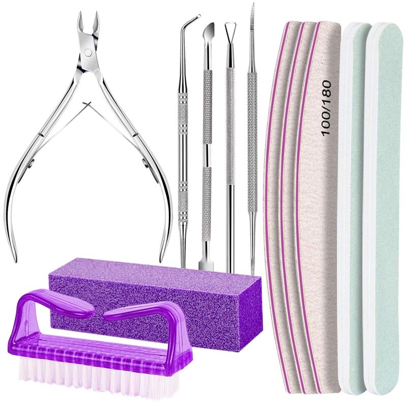 Manicure and Pedicure Tools Kit, Manicure Kit, Nail Files 100 180, Nail Buffer Block, Nail Cuticle Nippers, Cuticle Pusher, Cuticle Peeler, Ingrown Toenail Tool, Toenail File, Purple