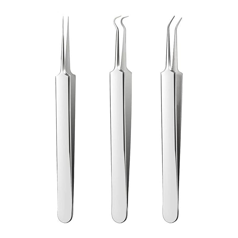 Stainless Steel Blackhead Tweezer Set, 3 Counts Pimple Tweezers Extractor Tool for Remove Blackhead, Whitehead, Acne, Blemishes, Bend Curved Tweezer Skin Blackhead Cleaning Tools