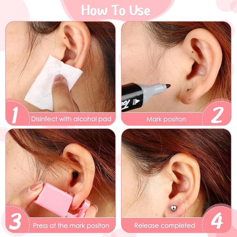 6 Pieces Ear Piercing Gun Kit Disposable Nose Piercer Self Ear Pierce Kit with Pierced Earrings Portable Piercing Kit Household Body Piercing Tools with Studs for Men Women (Bead Style, Pink)