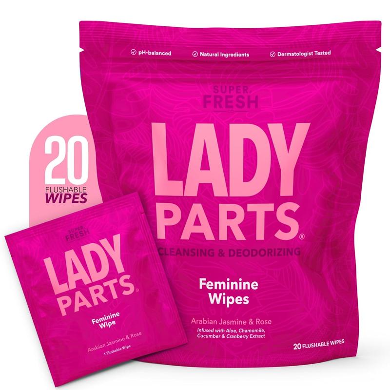 Lady Parts Feminine Wipes - Flushable Wet Wipe - pH Optimized for Privates, Body, Booty, & Face - Stay Fresh & Clean - 20 Wipes Gentle Arabian