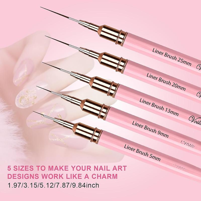 5 count  Art Liner Brushes,Liner Brush For Nails Gel,Thin Liner  Brush Set, Art Striping Brushes,Painting Art Design Pen For Long Lines, Thin Details, Fine Drawing Sizes 5 9 13 20 25mm