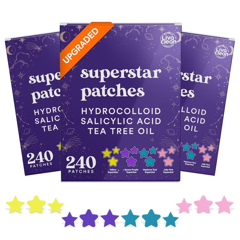 LivaClean 720 CT (3 PK of 240) Superstar Pimple Patches w Salicylic Acid & Tea Tree, Star Acne Patches for Face, Stars Hydrocolloid Acne Patches Cute Zit Patches for Star Face Healing Sticker - Blemish Skincare starfacepimplepatch Daily Skin Repair