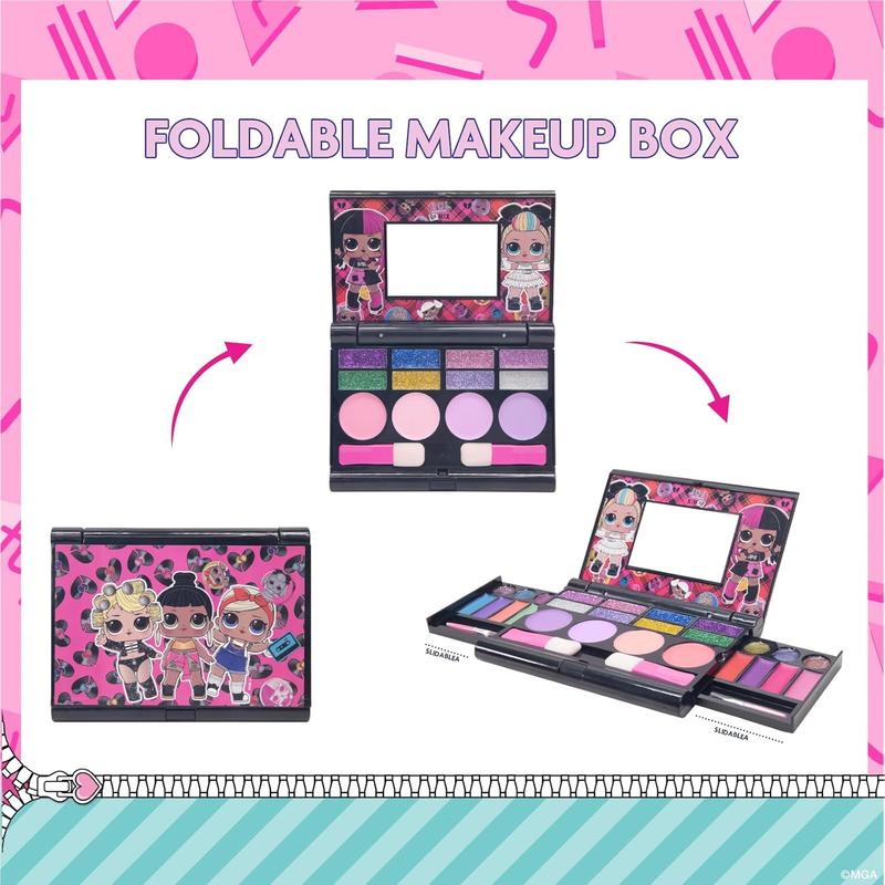 LOL Surprise Cosmetic Compact Set Includes Mirror, 14 Lip glosses, 8 Eye Shadow, 4 Blushes & 4 Brushes Safe & Non-Toxic Colorful Portable Foldable Makeup Beauty Kit for Girls,