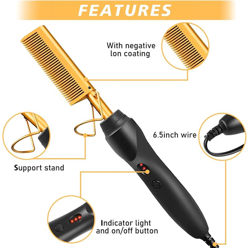 Electric Hot Comb Hair Straightener for Natural Black Hair and Wigs - Safe Pressing Comb with Curling Iron, Wig Glue, and Wax Stick Kit