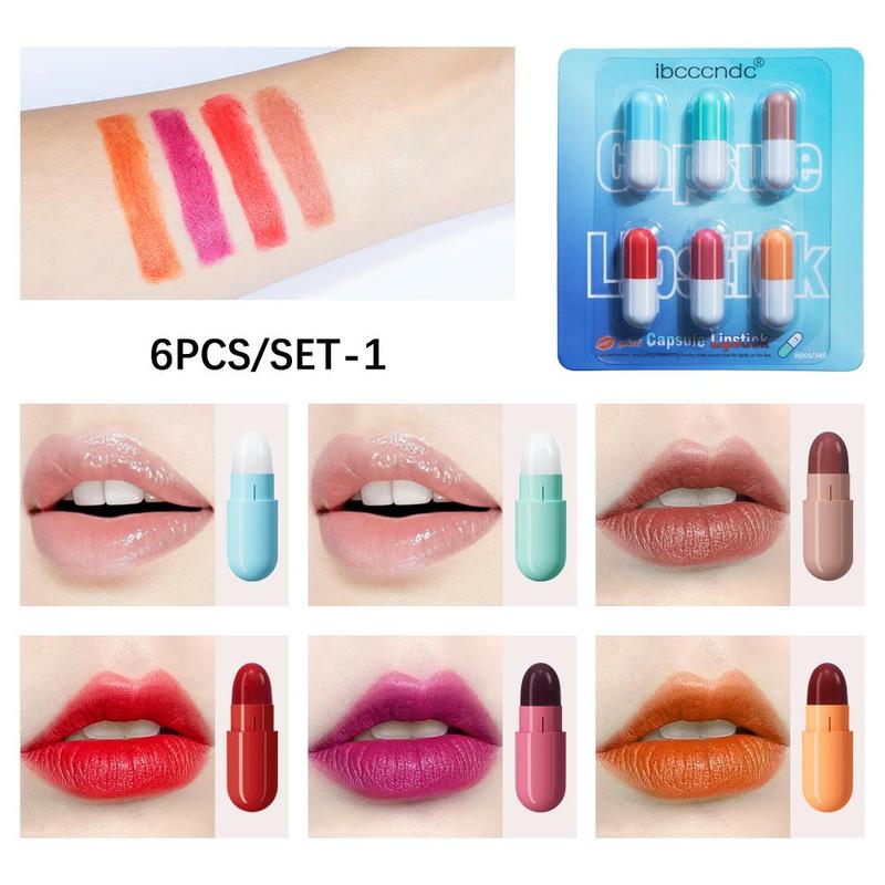 Pill Design Makeup Lipstick Set, 6 Counts set Mini Capsule  Moisturizing Lip Balm, Glossy Lip Glaze Stick, Portable Tinted Solid Lip Gloss for All Occasions