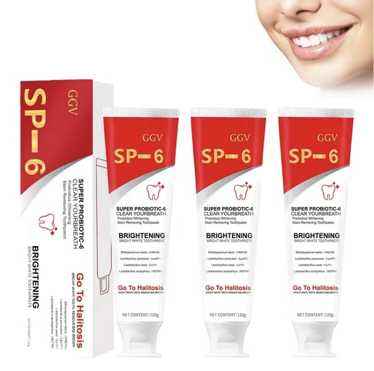 SP-6 Probiotic Toothpaste: Enhanced formula balances the oral microbiome to remove stains and provide long-lasting fresh breath.