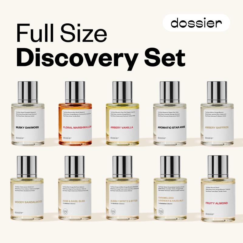 Discovery Set, Dossier Perfumes, 10x11ml or 10x50ml, Eau de Parfum, Ambery Saffron and Vanilla, Floral Marshmallow, Woody Sandalwood