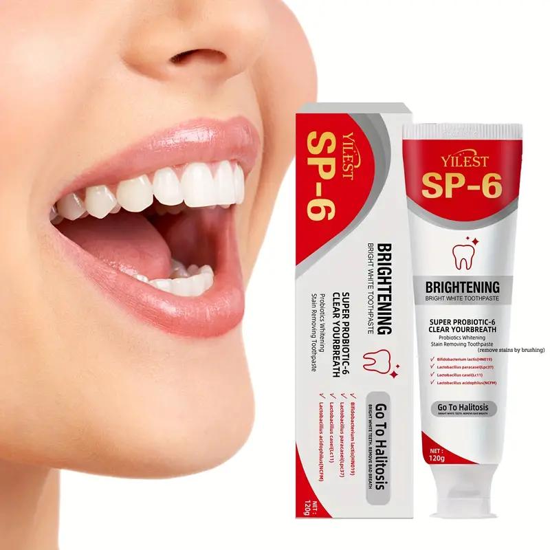 SP-6 Probiotic Toothpaste: Enhanced formula balances the oral microbiome to remove stains and provide long-lasting fresh breath.