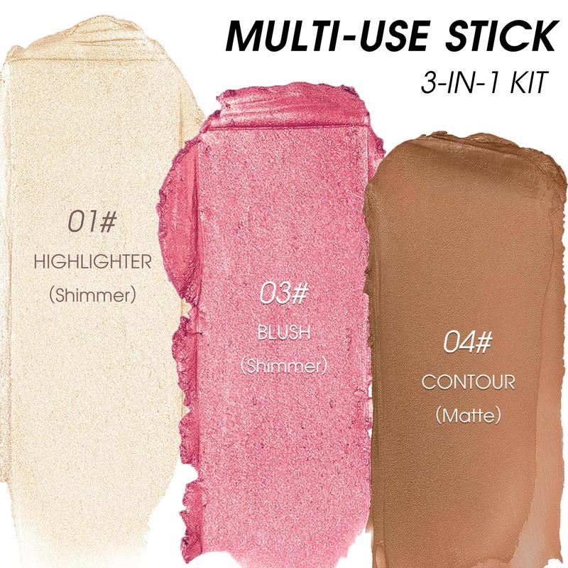 3 Pcs Contour Stick, Cream Blush Contour Highlighter Stick for Cheeks Eyes Lips Lightweight Dewy Finish Blush Stick Waterproof Long Lasting Contour Stick Trio Wand Face Makeup Set for Girls and Women