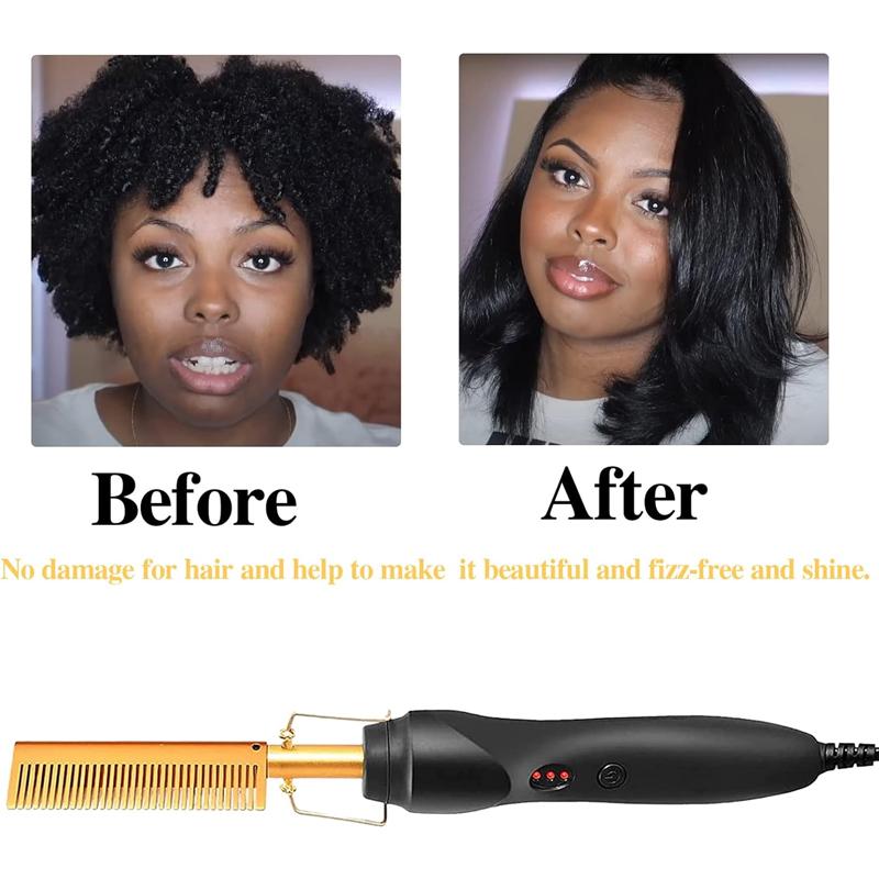 Electric Hot Comb Hair Straightener for Natural Black Hair and Wigs - Safe Pressing Comb with Curling Iron, Wig Glue, and Wax Stick Kit