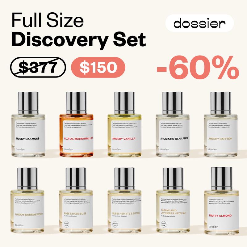 Discovery Set, Dossier Perfumes, 10x11ml or 10x50ml, Eau de Parfum, Ambery Saffron and Vanilla, Floral Marshmallow, Woody Sandalwood