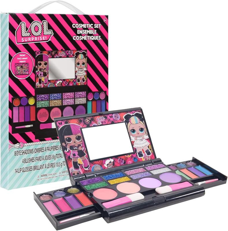 LOL Surprise Cosmetic Compact Set Includes Mirror, 14 Lip glosses, 8 Eye Shadow, 4 Blushes & 4 Brushes Safe & Non-Toxic Colorful Portable Foldable Makeup Beauty Kit for Girls,