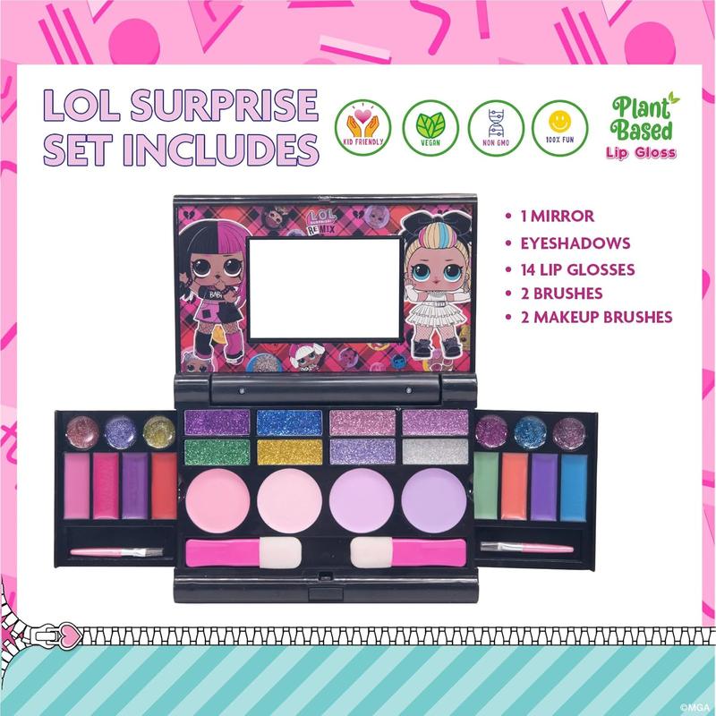 LOL Surprise Cosmetic Compact Set Includes Mirror, 14 Lip glosses, 8 Eye Shadow, 4 Blushes & 4 Brushes Safe & Non-Toxic Colorful Portable Foldable Makeup Beauty Kit for Girls,