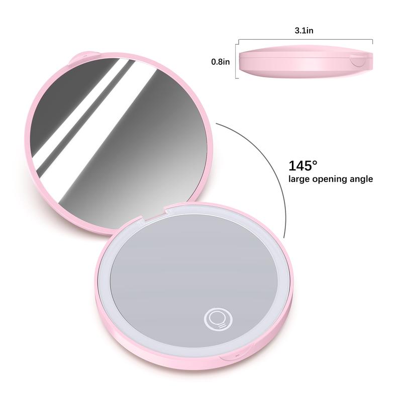 Makeup Mirror with Light, 1X 2X Magnification Circle Mirror, Brightness Adjustable LED Compact Mirror, Portable, Folding,Mini Mirror for Purse, Pocket,Travel and Gift Brightening