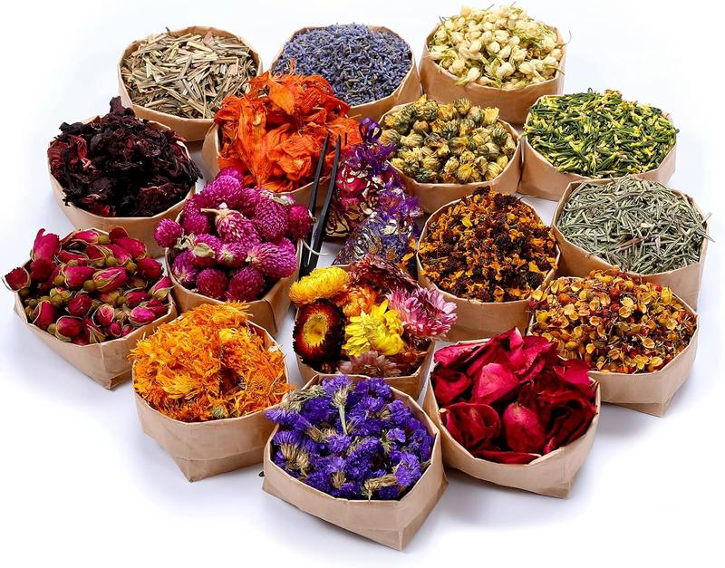 16 Bags Dried Flowers,100% Natural Dried Flowers Herbs Kit for Soap Making, DIY Candle Making,Bath - Include Rose Petals,Lavender,Don't Forget Me,Lilium,Jasmine,Rosebudsand More