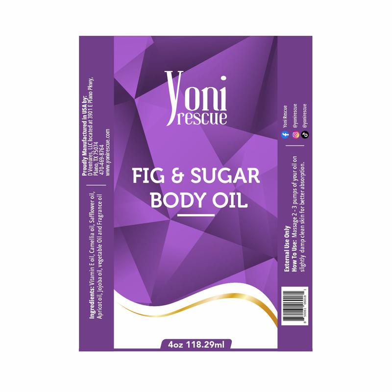 Fig & Sugar Body Oil, 4oz, with Apricot, Jojoba, Avocado Oils & Vitamin E Oil, Fast-Absorbing, Nourishes and Hydrates Skin, Skin Repair, Body Care, Ideal for All Skin Types,  Fig Fragrance Moisturizer by Yoni Rescue body oil