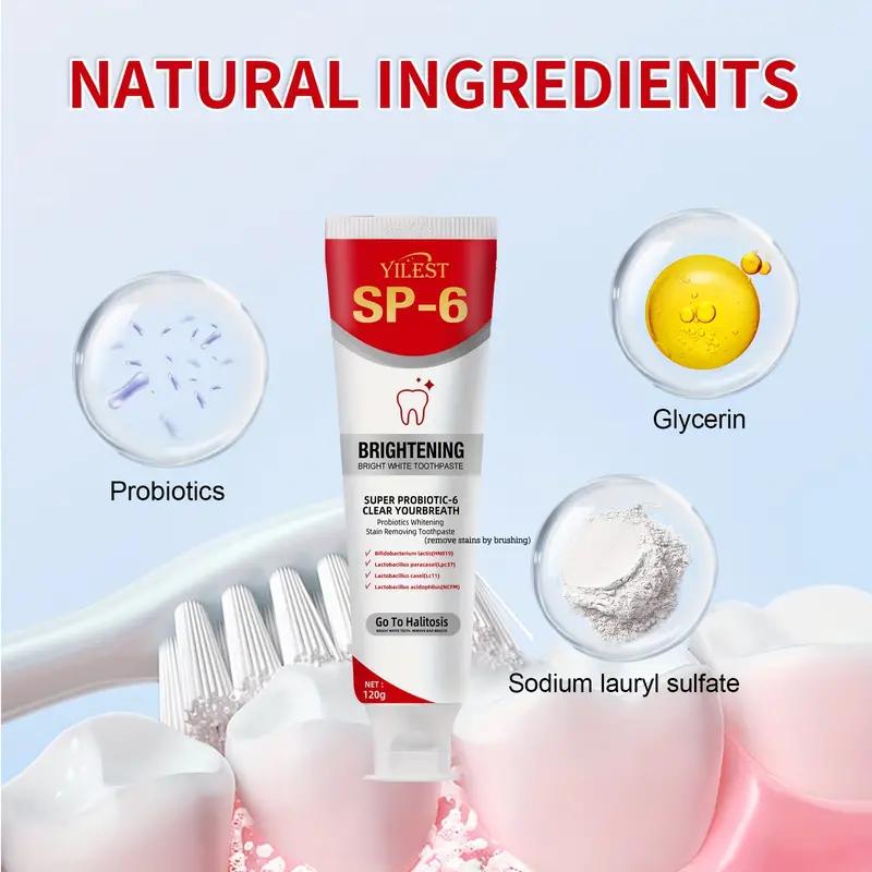 SP-6 Probiotic Toothpaste: Enhanced formula balances the oral microbiome to remove stains and provide long-lasting fresh breath.