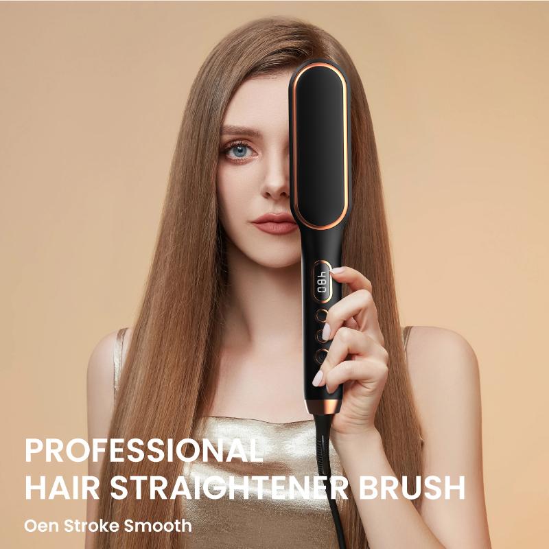 Black Friday Hair Straightener Brush, TYMO Ring Hair Straightener Comb Straightening Brush for Women with 5 Temps 20s Fast Heating & Dual Voltage, Black