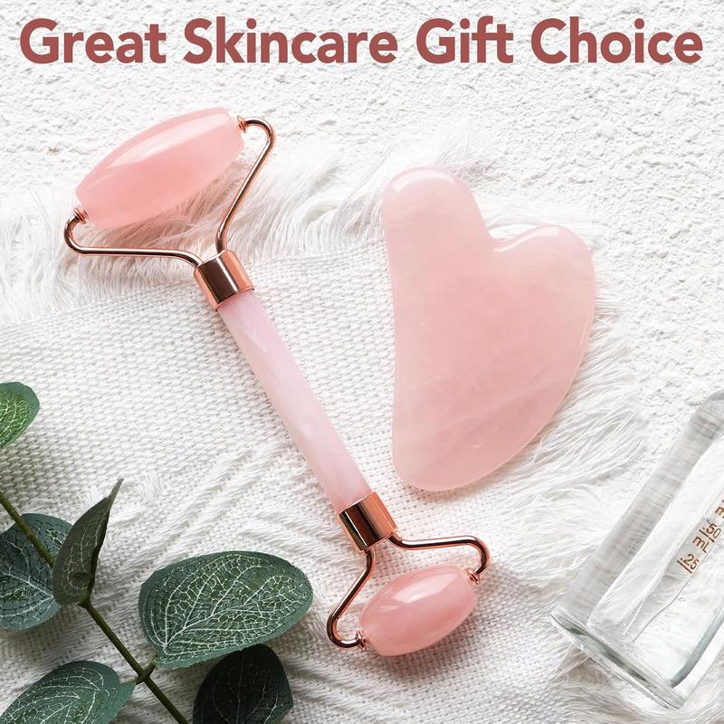 Face Massager Rose Quartz Face Roller & Gua Sha Facial Tool Set, Lymphatic Drainage Massage Tool for Self Care, Muscle Tension Relief, Skin Care Gift for Men Woman Crystal Jade