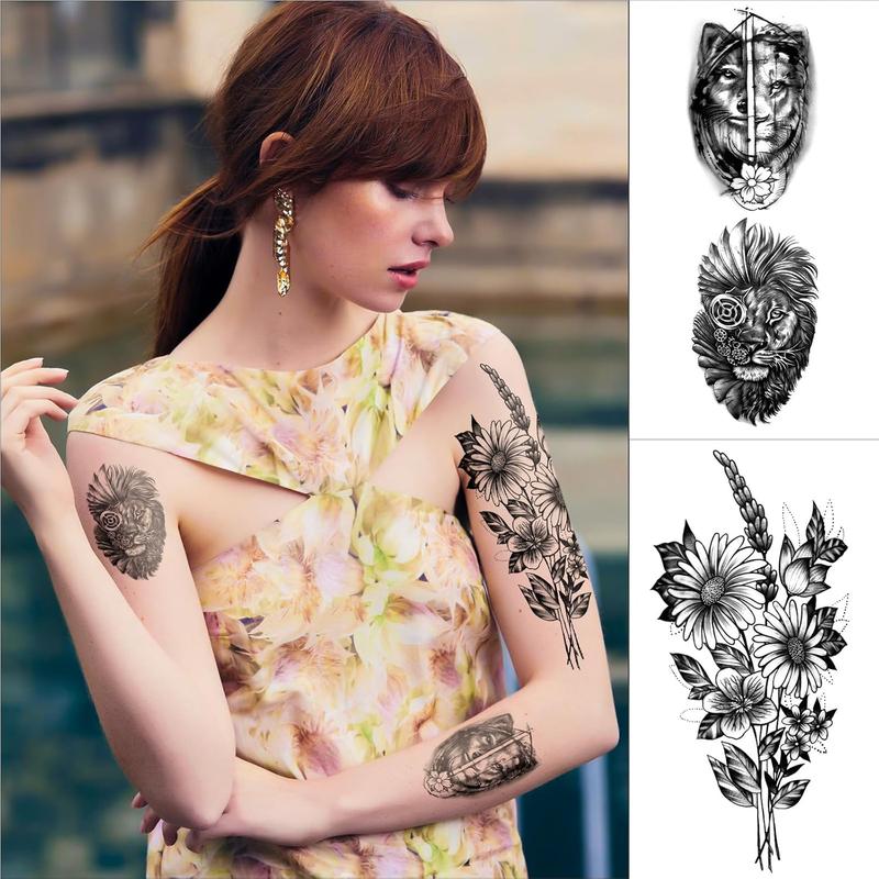 46 Sheets Full Arm Temporary Tattoo with Lion, Temporary Tattoo Sleeves for Men, Fake Tattoos Adult Realistic with Flower, Full Sleeve Tattoos for Women, Wolf Eagle & Deer