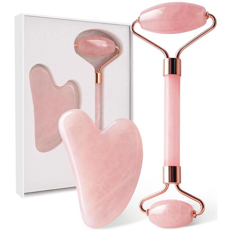 Face Massager Rose Quartz Face Roller & Gua Sha Facial Tool Set, Lymphatic Drainage Massage Tool for Self Care, Muscle Tension Relief, Skin Care Gift for Men Woman Crystal Jade