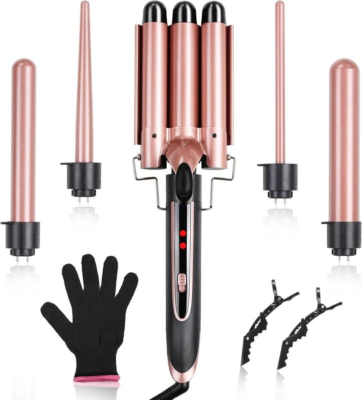 5-in-1 Curling Iron Set, Curling Wand with 3 Barrel  Crimper Iron and Interchangeable 4 Curling Irons, Dual   Waver with 2-LED Temp Control for All  Types, Glove & 2 Clips