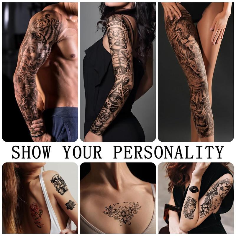 46 Sheets Full Arm Temporary Tattoo with Lion, Temporary Tattoo Sleeves for Men, Fake Tattoos Adult Realistic with Flower, Full Sleeve Tattoos for Women, Wolf Eagle & Deer